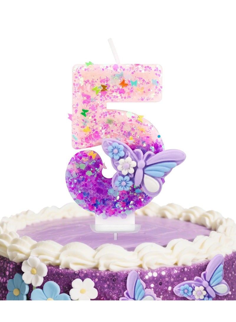 Birthday Candles Butterfly Birthday Candles for Cake Glitter Number 5 Candle Cake Topper with Sequins  - Image 1