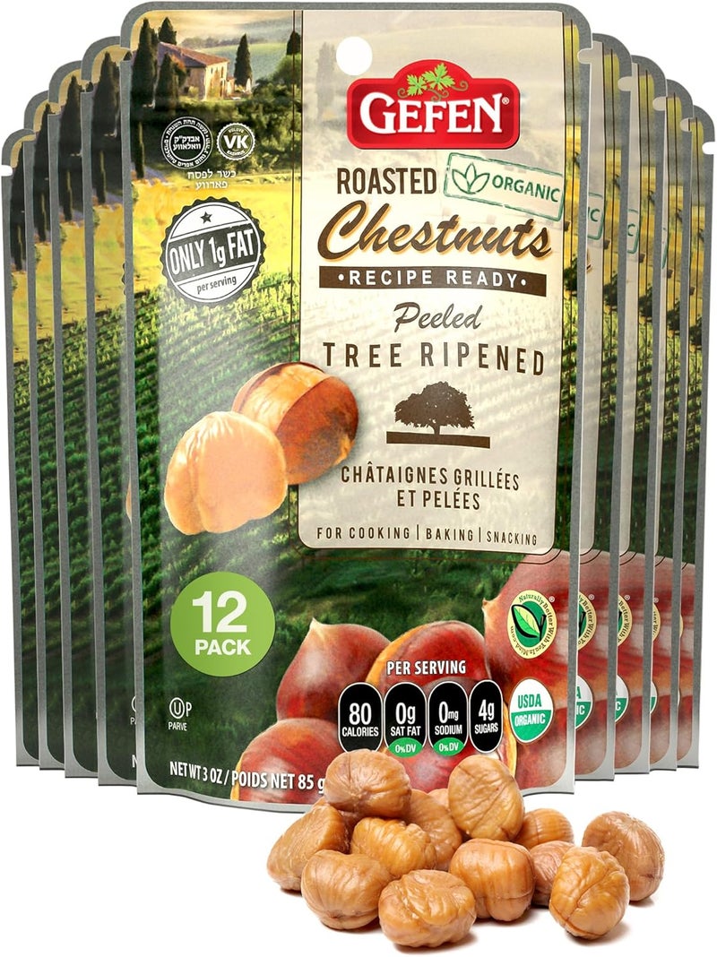 Gefen Organic Whole Peeled and Roasted Chestnuts, 3oz (12 Pack) - Ready to Eat, Gluten Free, Kosher - Image 1