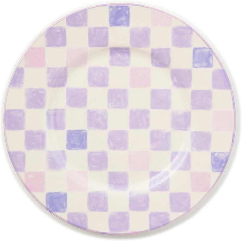mackenzie childs MACKENZIECHILDS Stoneware Dinner Plate Dishwasher and MicrowaveSafe Plate 11 Inches Lilac Check - Image 1