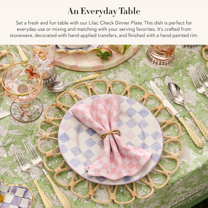 mackenzie childs MACKENZIECHILDS Stoneware Dinner Plate Dishwasher and MicrowaveSafe Plate 11 Inches Lilac Check - Image 2