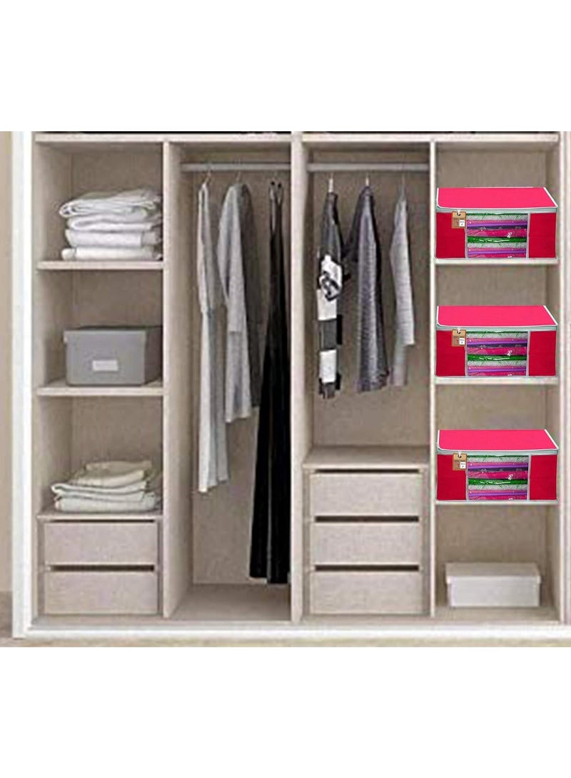atorakushon® Fabric Pink Garment Storage Bags Wardrobe Organizer for Clothes Storage Box Saree Cover Pack of 4 - Image 3
