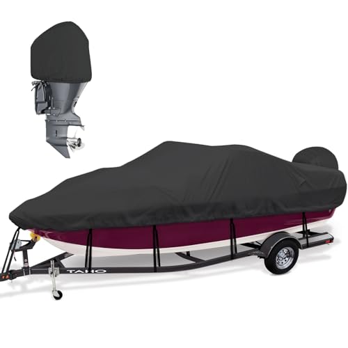 Mionovity Bass Boat Covers 1719ft 600D Heavy Duty Waterproof Boat Cover 17 18 19 Foot 1719 with Motor Cover Fits VHull Fishing Runabout Bowrider Boat - Image 1