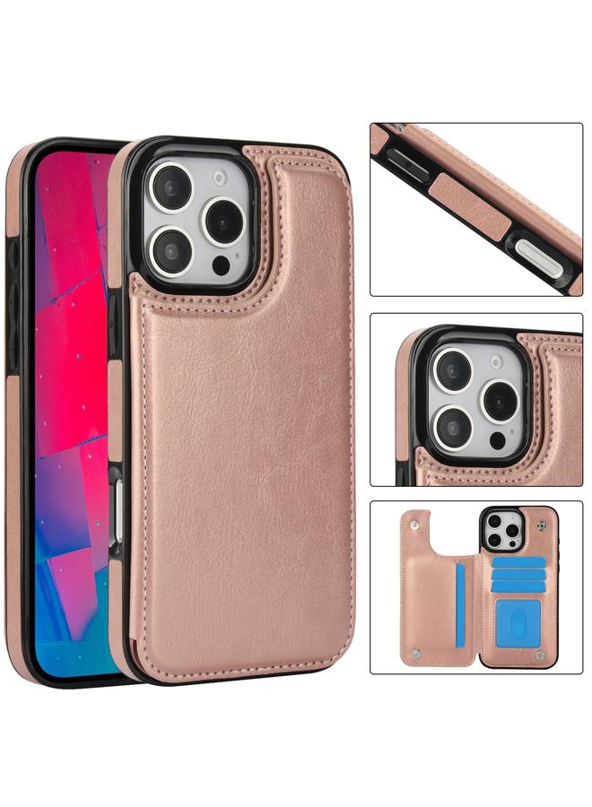 جرين تايجر جراب هاتف من البولي يوريثان بمشبك مزدوج من Crazy Horse Texture لهاتف iPhone 16 Pro Max (ذهبي وردي)