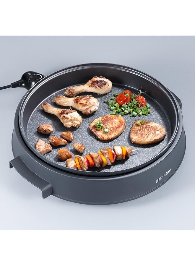Severin German Brand Multipurpose Pan 1300W Bbq, Pizza, Frying, Steaming, And Warming   Non Stick Surface, Glass Lid, Detachable Cord Size 18.30X50.50Cm, 2 Year Warranty - Image 2