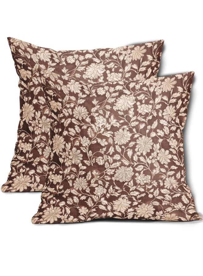 Anyako Brown Floral Pillowcase Set of 2 Brown and Cream Vintage Floral Throw Pillows Square 18x18 Inch Rustic Flowers Print Pillow Cushion Covers Farmhouse Decor for Home Living Room Bed Couch Sofa Outdoor - Image 1