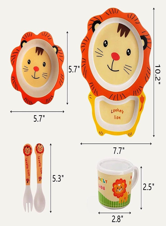 PANSHUB Lion Bamboo Dish Set Eco Friendly Bamboo Fiber Dinner Set, 5 Pcs Tableware Crockery Set for Weaning Toddler & Self Feeding Baby Utensil Set for Baby Kids (Lion Bamboo Fiber Dinner Set) - Image 3