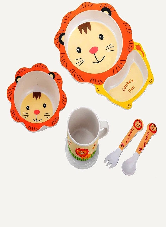 PANSHUB Lion Bamboo Dish Set Eco Friendly Bamboo Fiber Dinner Set, 5 Pcs Tableware Crockery Set for Weaning Toddler & Self Feeding Baby Utensil Set for Baby Kids (Lion Bamboo Fiber Dinner Set) - Image 1