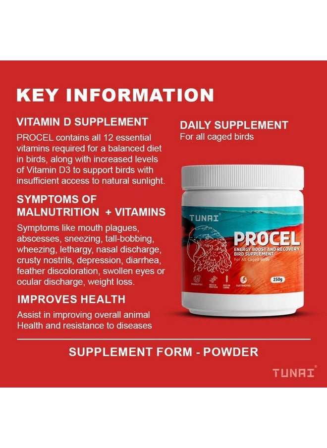 Procel |250G| Instant Release Of Electrolytes, Proteins, Calcium, Probiotics & Other Nutrients For All Caged Birds, Supports Recovery Of Birds From Stress And Illness