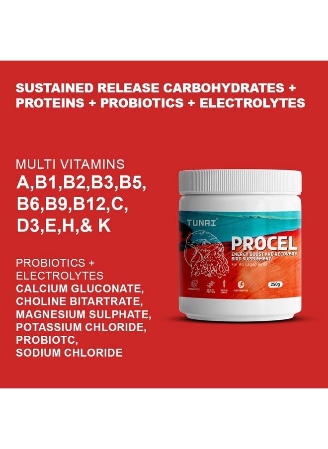 Procel |250G| Instant Release Of Electrolytes, Proteins, Calcium, Probiotics & Other Nutrients For All Caged Birds, Supports Recovery Of Birds From Stress And Illness