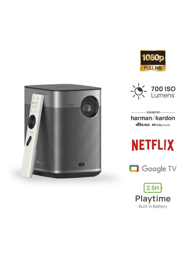 XGIMI HALO+ Google TV OS | Full HD Long Throw Portable Projector, 700 ISO Lumens, Up to 200" Screen Size, Harman/Kardon Speakers, Built-in 2.5Hrs Battery, for Home/Office/Camping/Travel - Space Grey