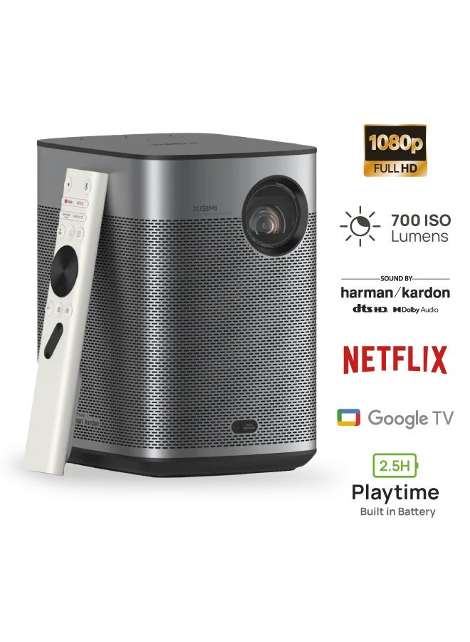 HALO+ Google TV OS | Full HD Long Throw Portable Projector, 700 ISO Lumens, Up to 200" Screen Size, Harman/Kardon Speakers, Built-in 2.5Hrs Battery, for Home/Office/Camping/Travel - Space Grey