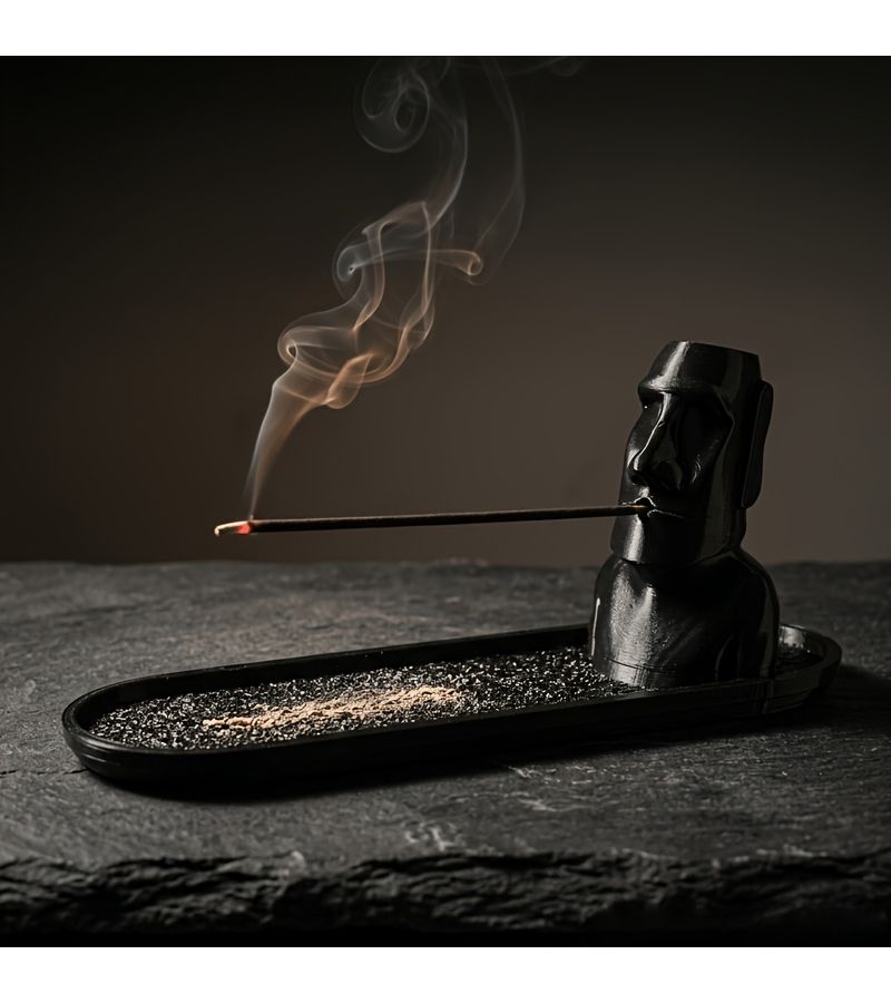 Black Moai Stone Incense Holder with Ash Catcher for Home Yoga Decor - Image 4