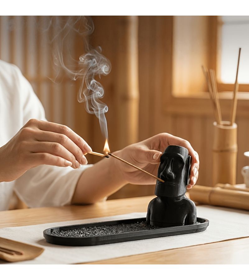 Black Moai Stone Incense Holder with Ash Catcher for Home Yoga Decor - Image 2