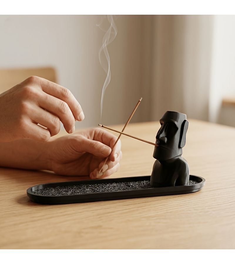Black Moai Stone Incense Holder with Ash Catcher for Home Yoga Decor - Image 1