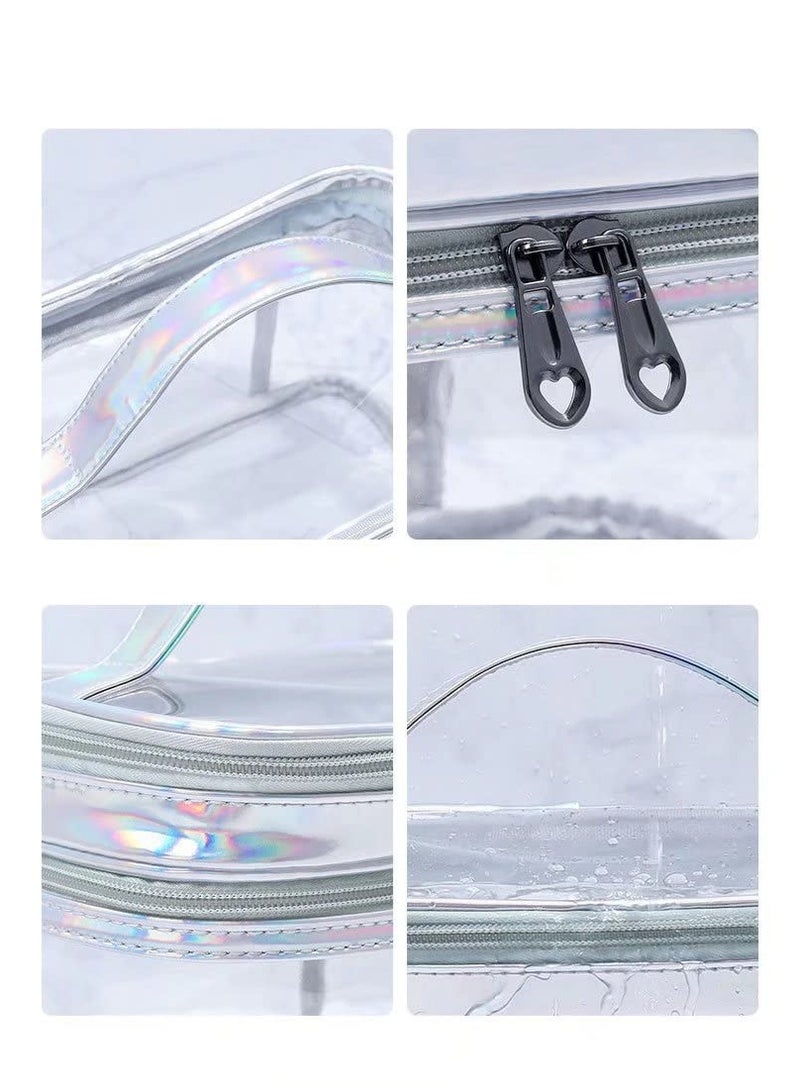 Clear Double Layer Travel Toiletry Bag Makeup Organizer, Waterproof, Metallic Silver - Image 4
