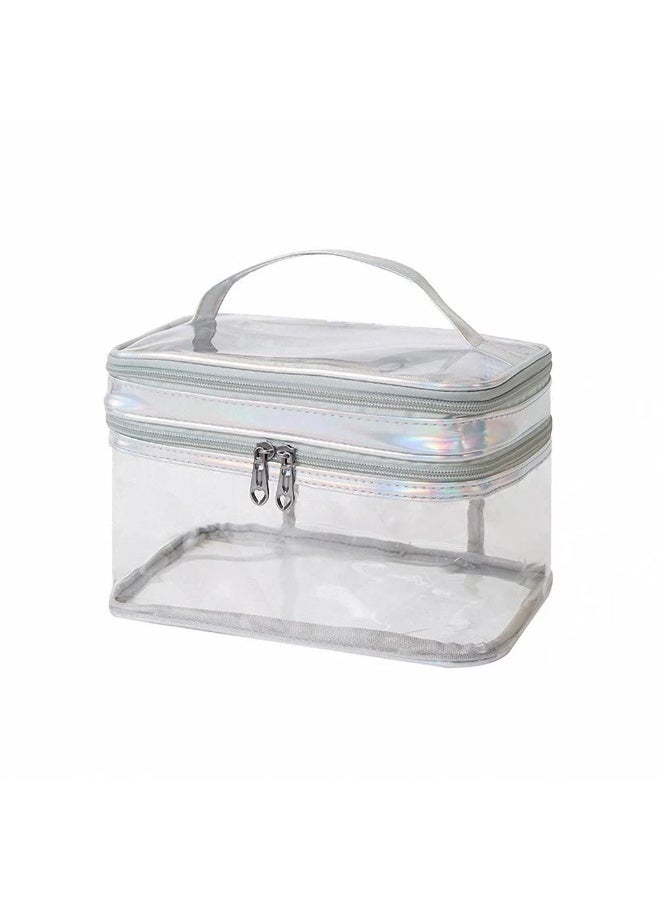 Clear Double Layer Travel Toiletry Bag Makeup Organizer, Waterproof, Metallic Silver - Image 1