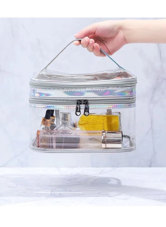 Clear Double Layer Travel Toiletry Bag Makeup Organizer, Waterproof, Metallic Silver - Image 3