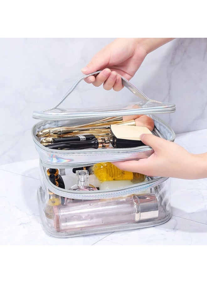 Clear Double Layer Travel Toiletry Bag Makeup Organizer, Waterproof, Metallic Silver - Image 5