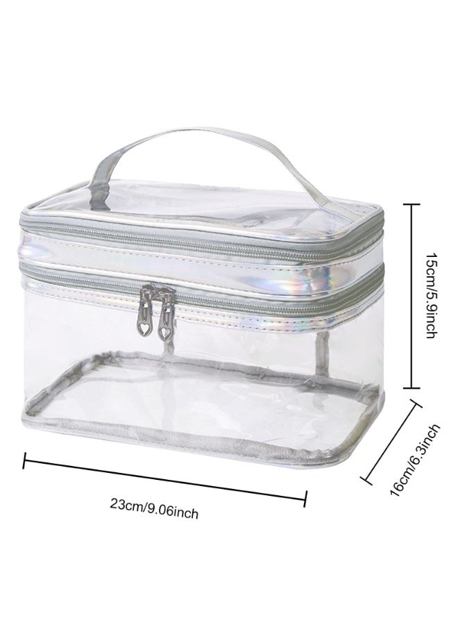 Clear Double Layer Travel Toiletry Bag Makeup Organizer, Waterproof, Metallic Silver - Image 2