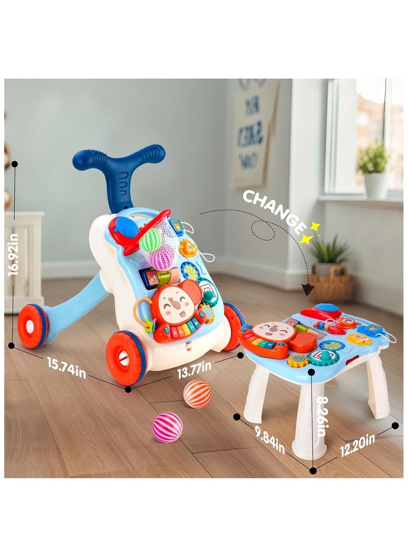 NNEWVANTE عربة أطفال، 3 في 1 عربة دفع للأطفال، عربات للفتيات والفتيان، لعبة مشي للأطفال بعمر سنة واحدة لتعلم المشي، من الجلوس إلى الوقوف، لعبة دفع للأطفال، عربة للفتيات من 12 شهرًا وما فوق، زرقاء - Image 2