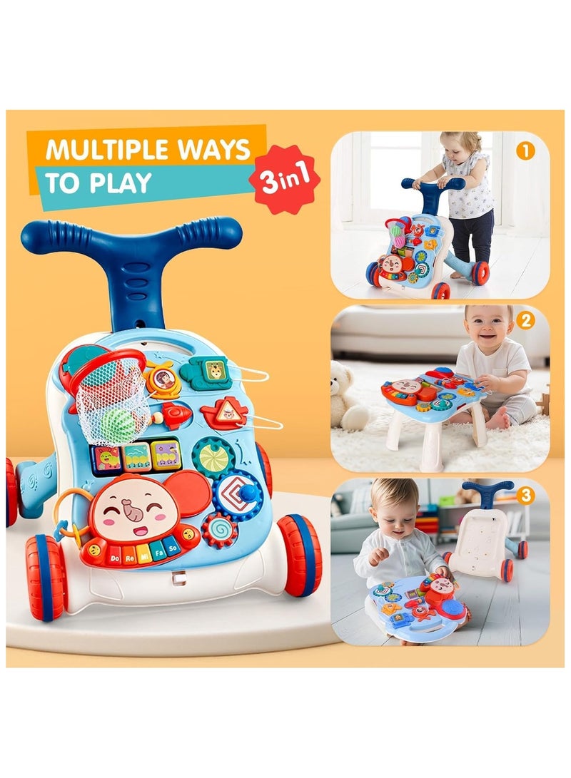 NNEWVANTE عربة أطفال، 3 في 1 عربة دفع للأطفال، عربات للفتيات والفتيان، لعبة مشي للأطفال بعمر سنة واحدة لتعلم المشي، من الجلوس إلى الوقوف، لعبة دفع للأطفال، عربة للفتيات من 12 شهرًا وما فوق، زرقاء - Image 3