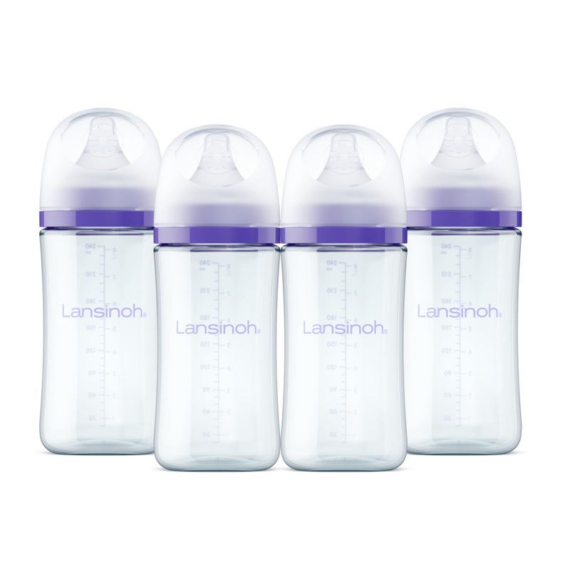 Lansinoh Anti-Colic Glass Baby Bottles, 8 Ounces, 4 Count Bottles for Feeding, Baby Essentials, Includes 4 Medium Flow Nipples, Size M - Image 1