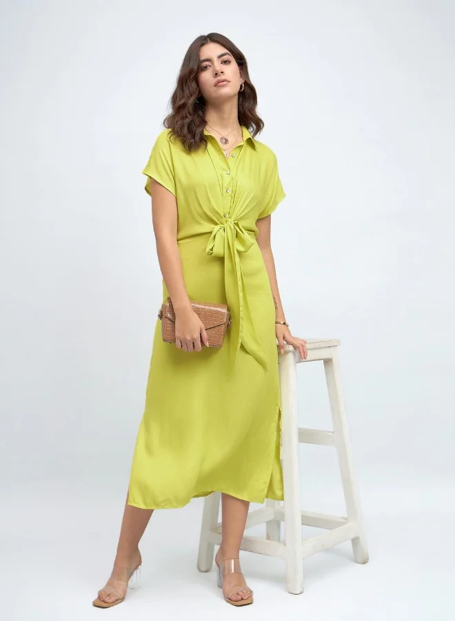 Dennis Lingo Green Regular Fit Midi Dress for Women - Viscose Moss, Half Sleeves, Casual,