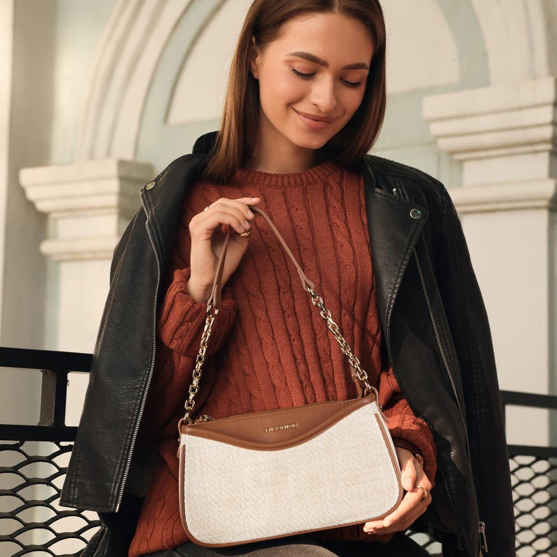 Missnine Shoulder Bag for Women Small Purse Trendy Clutch Hobo Bag Vegan Leather Mini Handbag with Zipper Closure, Brown & Beige - Image 2