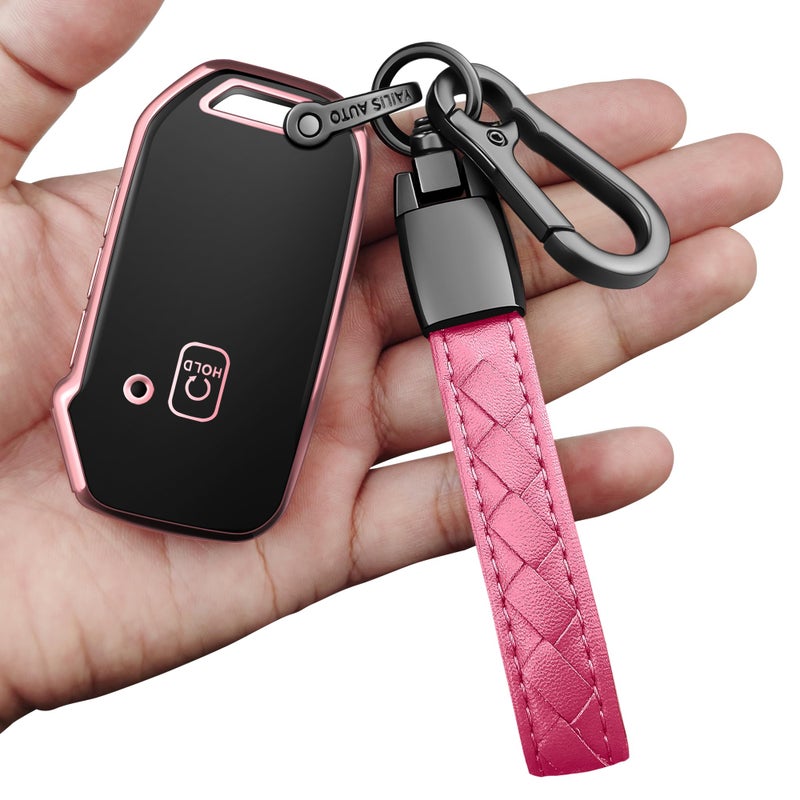 Sindeda for Kia Key Fob Cover,with Leather Keychain Protector Compatible with Cerato Ceed Forte NIRO Sorento Seltos Sportage Soul Telluride Remote/Smart Key,Key Fob Shell (Pink)
