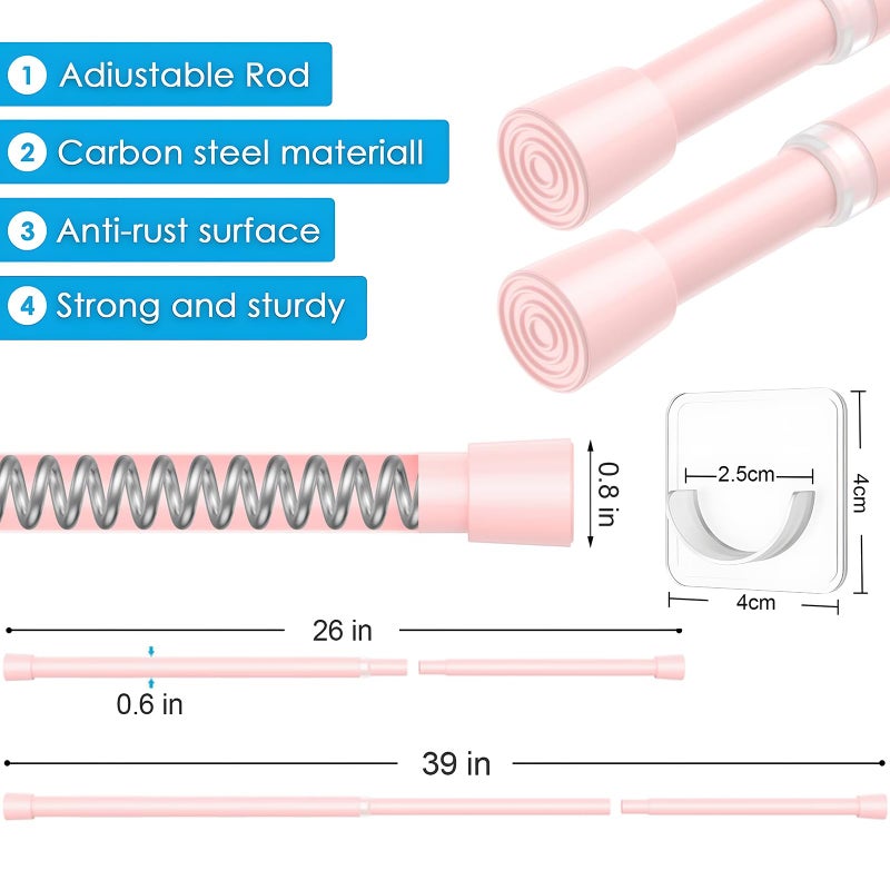 MEXAU 1Pcs Spring Tension Curtain Rod 26-39 inch Spring Tension Rods Pink Tension Rods Adjustable Spring Rod Extendable Tension Rod For Kitchen, Bathroom, Window - Image 3