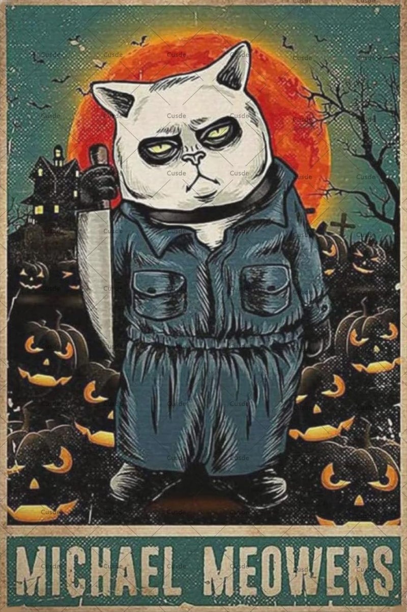Cusde Horror Decor Metal Plaque Funny Horror Movie Posters Retro Halloween Decor Tin Sign For Home Living Room Cafe Bar Gifts For Cat Lovers 8x12 Inch - Image 1