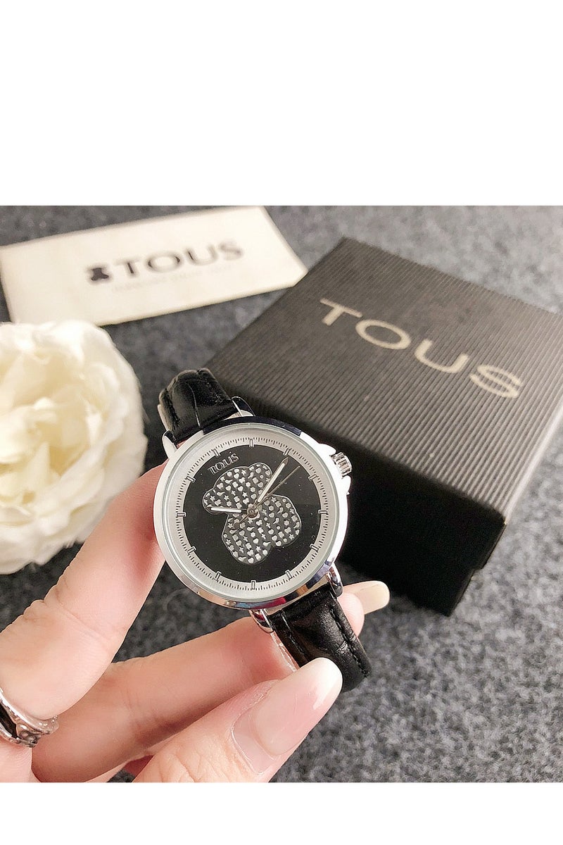 TOUS Black Strap Watch: Crystal - Studded Teddy Bear Dial