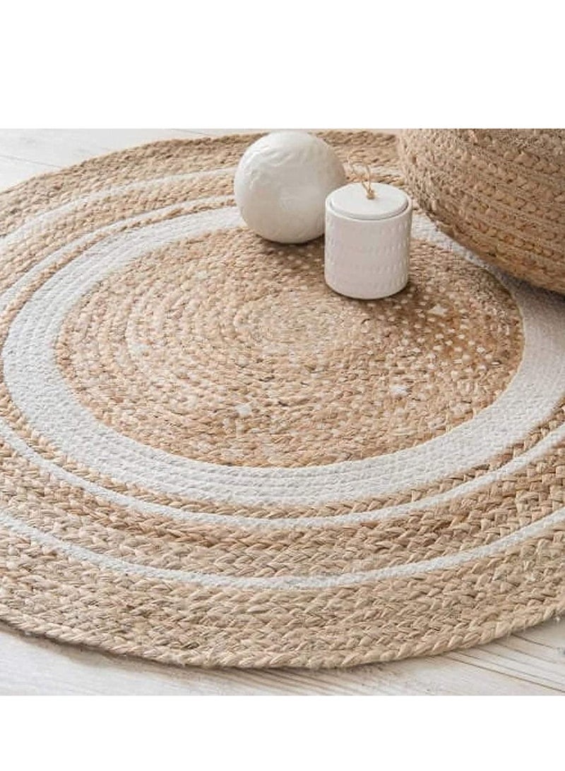 LINGWEI Natural Jute Rug with White Line Jute Rug Handmade Braided Jute Carpet Natural Jute Round Rug For Living room Bedroom Hand Wooven Seagrass Natural Jute Roll Carpet - Image 4