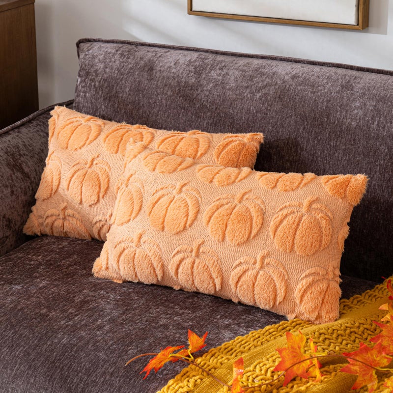 Cosibono Pumpkin Fall Decorative Convative Covers Cover 12 "X20" مجموعة من 2 أغطية وسادة الفراء الناعمة الفاتحة لخريف الحصاد الفطري ولهجة وسادة لأغطية أريكة الأريكة المزرعة - Image 1