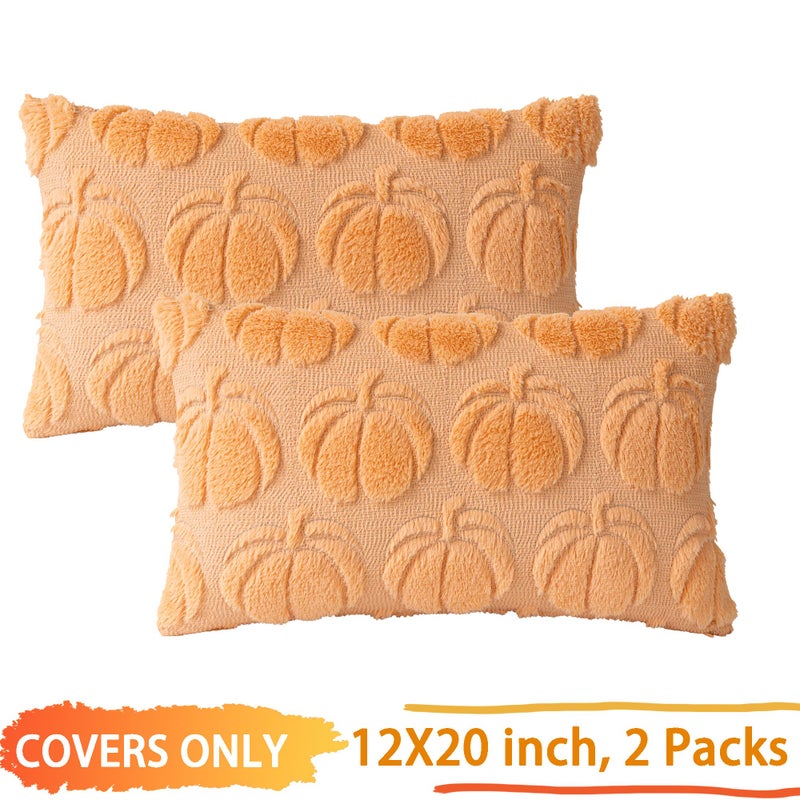 Cosibono Pumpkin Fall Decorative Convative Covers Cover 12 "X20" مجموعة من 2 أغطية وسادة الفراء الناعمة الفاتحة لخريف الحصاد الفطري ولهجة وسادة لأغطية أريكة الأريكة المزرعة - Image 3