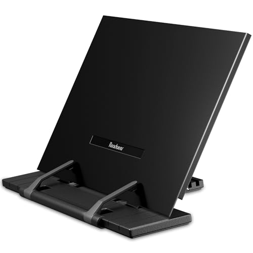 Readaeer Metal Book Stand for Desk Portable Document Holder for Cook Book, Music Book, iPad, Laptop, Reading Rest with 7 Adjustable Positions and Page Paper Clips - Image 1