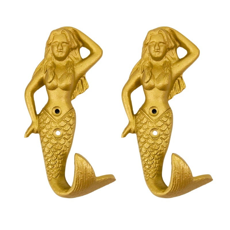 AYZCORP Set of 2 Cast Iron Mermaid Coat Hooks Wall Art DecorMermaid Hangers and Key HolderClothes Rack and Backpack HangerCoat Hooks Home Decor for Storage Living Room Hallway Office Gold - Image 2