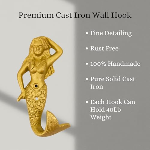 AYZCORP Set of 2 Cast Iron Mermaid Coat Hooks Wall Art DecorMermaid Hangers and Key HolderClothes Rack and Backpack HangerCoat Hooks Home Decor for Storage Living Room Hallway Office Gold - Image 3