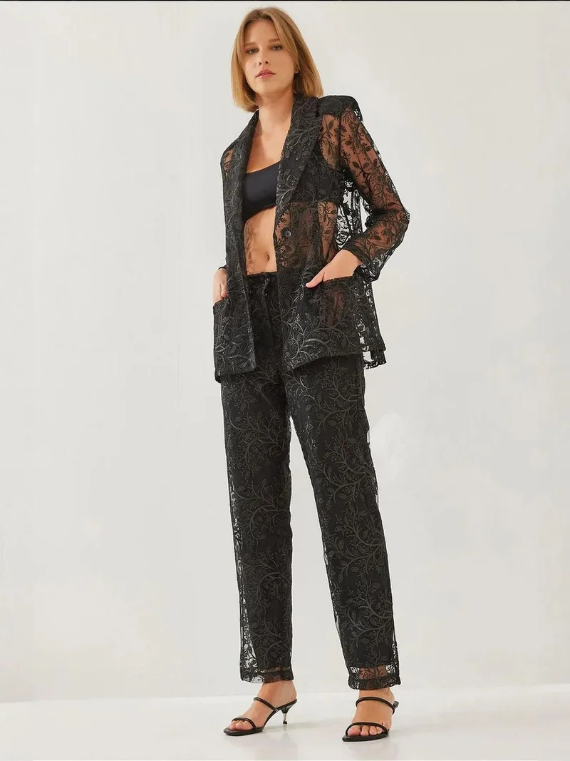 LUCCI Long Embroidered Two-Piece Set with Shawl Collar