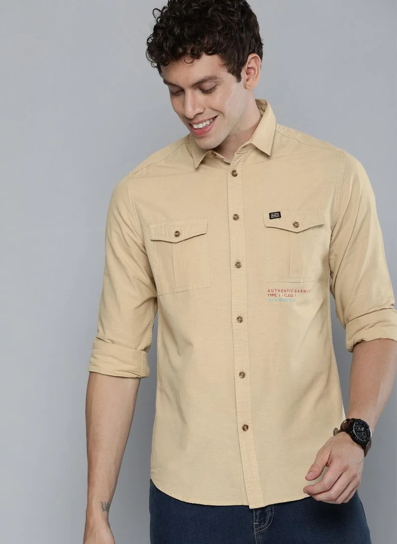 The Indian Garage Co Men Slim Fit Placement Print Full Sleeves Cutaway Collar Street Wear Shirt