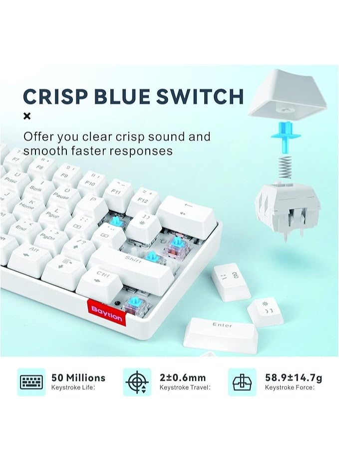 بيتيون بايشن كيبورد العاب ميكانيكي، سلكية مدمجة للغاية بـ61 مفتاح مع مفاتيح زرقاء واضاءة خلفية RGB لاجهزة iOS واندرويد وويندوز - ابيض - Image 3