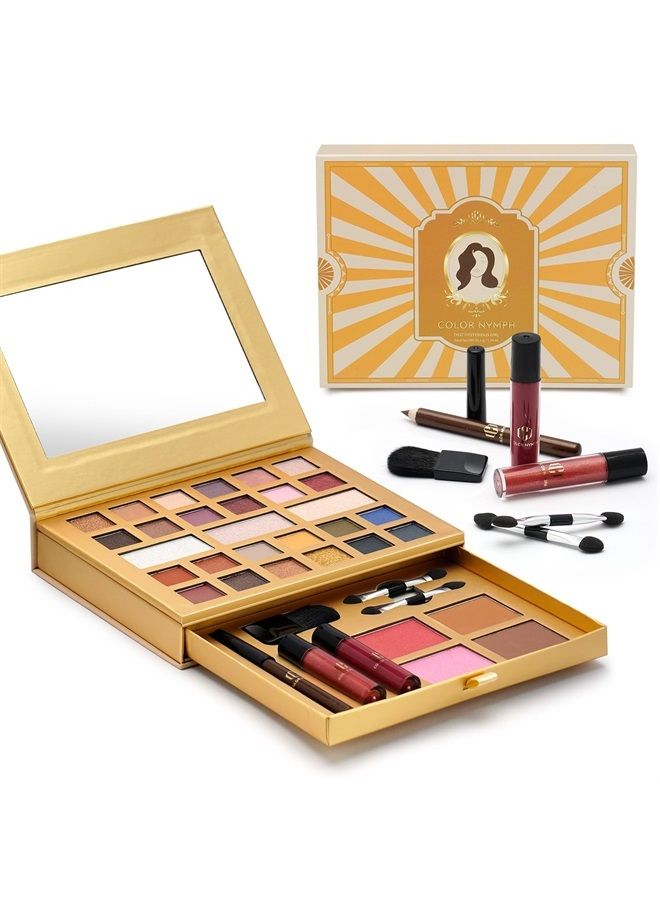 COLOR NYMPH طقم مكياج للنساء - مجموعة مكياج شاملة للمبتدئين والمراهقات - لوحة مكياج للسفر تتضمن 24 ظلال عيون، بودرة كونتور، لمسات شفاه عالية الصبغة، فرش، قلم كحل ومرآة - Image 1
