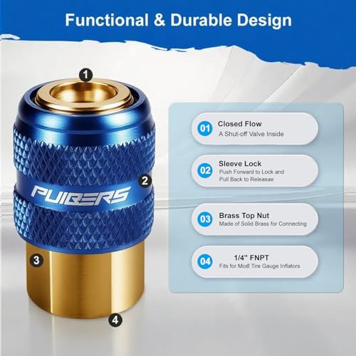 PUIBERS 2PCS Locking Air Chuck,1/4" FNPT Brass Closed Flow Tire Chuck Quick Connect, Tire Inflator Nozzle for Air Compressors,Lock On Air Chucks Max Pressure 150 PSI - Image 2