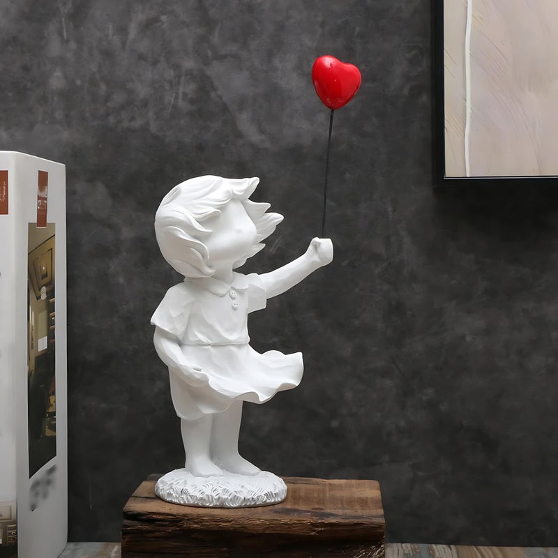 Newmyth Girl with Red Heart Balloon Statue Resin Sculpture for Home Decor Collectible Figurines for Living Room Decoration White