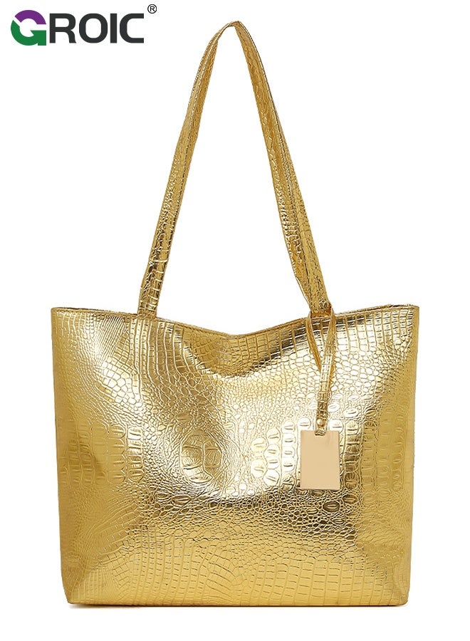 GROIC Womens Large Tote Bag, Shoulder Handbag - Gold Large Capacity Synthetic Leather with Fixed Strap, Zipper Closure, Elegant Wave Design for Daily Use, Travel, Shopping - Image 1