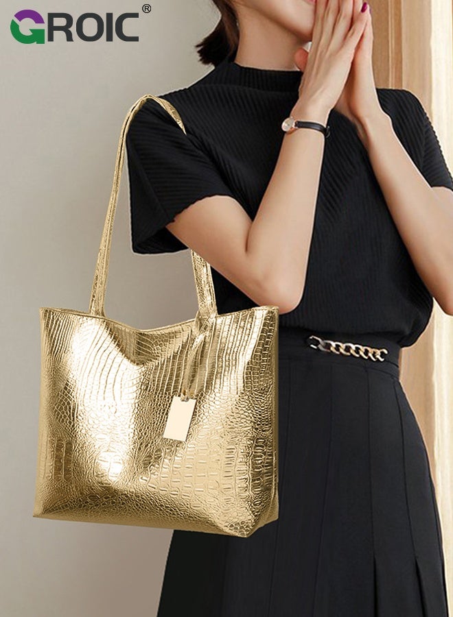 GROIC Womens Large Tote Bag, Shoulder Handbag - Gold Large Capacity Synthetic Leather with Fixed Strap, Zipper Closure, Elegant Wave Design for Daily Use, Travel, Shopping - Image 5