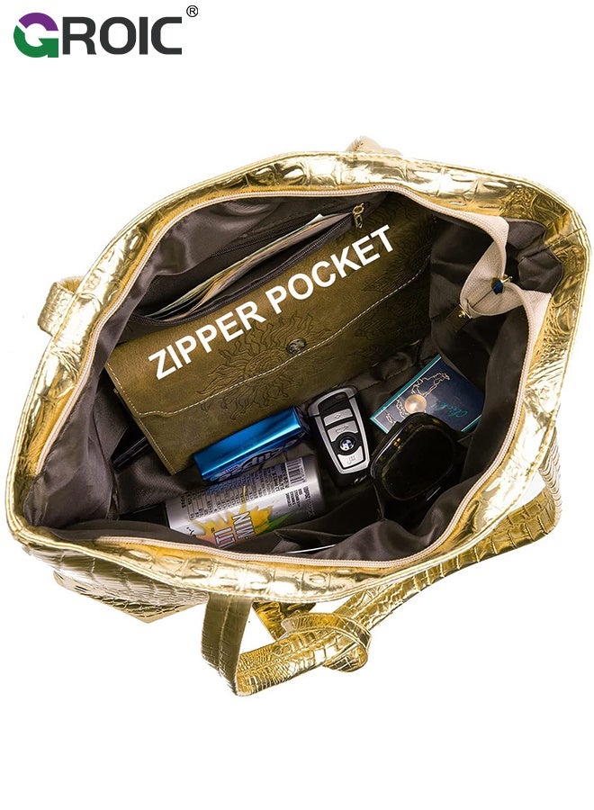 GROIC Womens Large Tote Bag, Shoulder Handbag - Gold Large Capacity Synthetic Leather with Fixed Strap, Zipper Closure, Elegant Wave Design for Daily Use, Travel, Shopping - Image 4