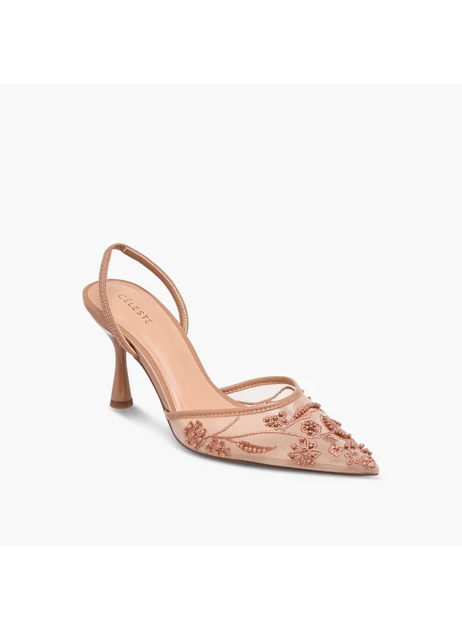 Celeste Women's Floral Embellished Slingback Sandals with Stiletto Heels