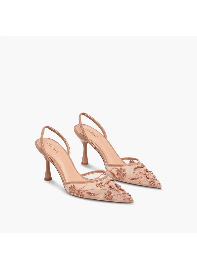 Celeste Women's Floral Embellished Slingback Sandals with Stiletto Heels