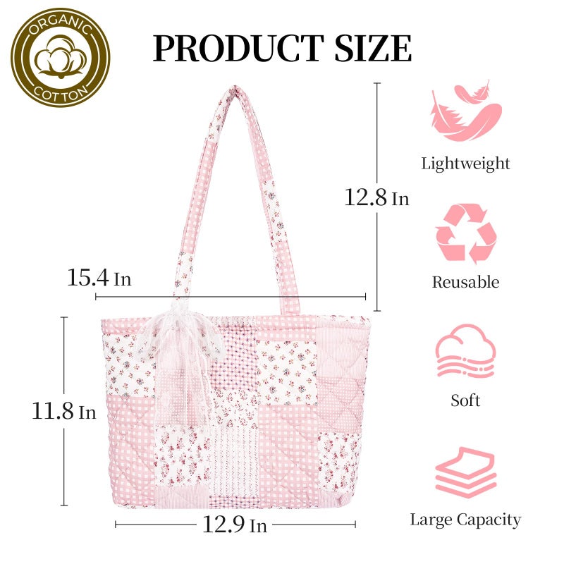 shiprabags حقيبة توت صغيرة مبطنة للنساء، حقيبة كتف زهرية خفيفة الوزن، حقيبة سفر ناعمة للعمل في الكلية، حقيبة يومية (رقعة وردية، M) - Image 4
